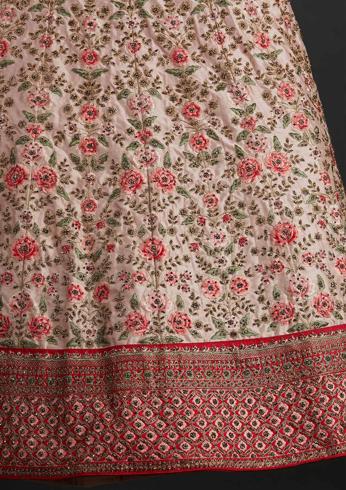 Cream Threadwork Raw Silk Semi Stitched Lehenga – Koskii