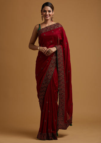Ruar India Organza Embroidered Saree With Blouse | Red, Saree, High Neck,  Short Sleeves