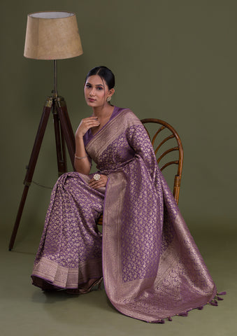 Royal Pink Woven Banarasi Brocade Silk Saree – Zari Banaras