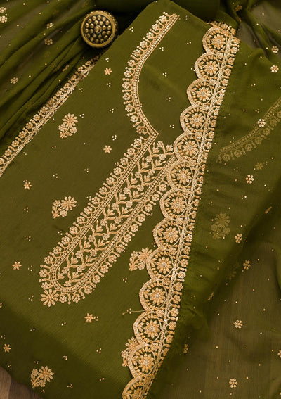 Mehendi Threadwork Semi Crepe Unstitched Salwar Suit