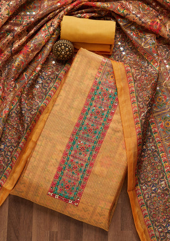 Brown Chanderi Tissue Silk Dress Material