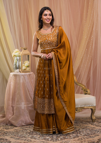 Peach Embroidered Frock Style Pakistani Sharara Suit Latest 2537SL02