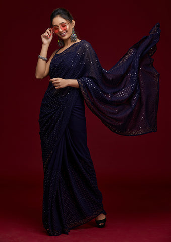 Navy Blue Embroidered Silk Saree