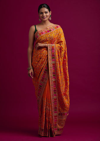 Buy HOUSE OF BEGUM Orange Banarasi Handloom Satin Silk Saree With  Embroidery Work with Blouse Piece | Shoppers Stop