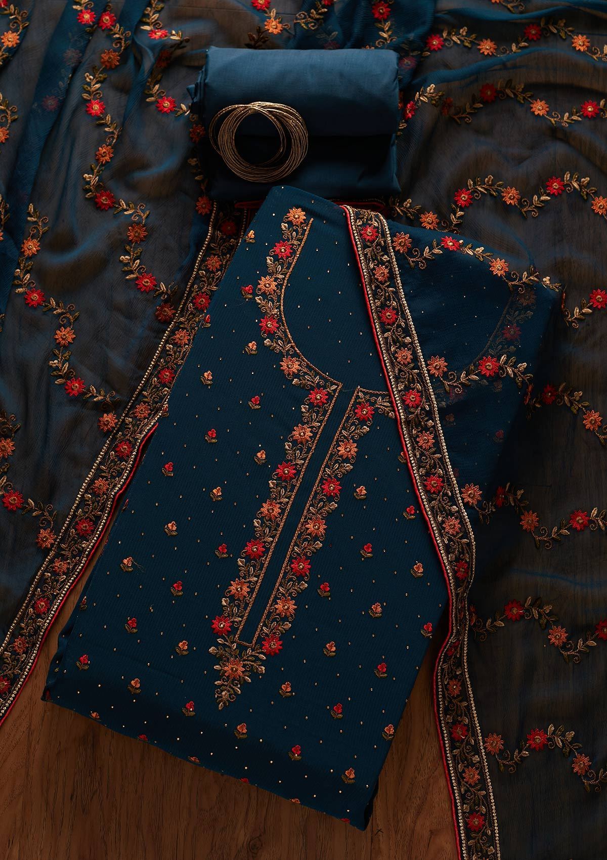 Peacock Blue Swarovski Georgette Designer Unstitched Salwar Suit – Koskii