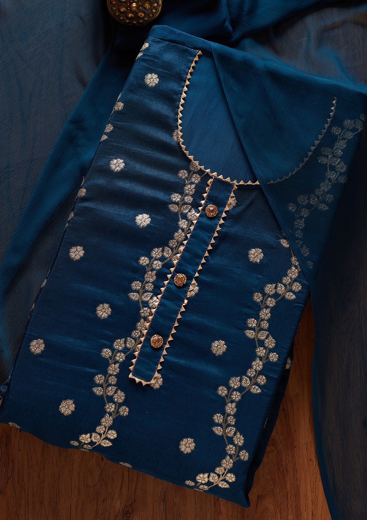 Peacock Blue Zariwork Semi Crepe Unstitched Salwar Suit – Koskii