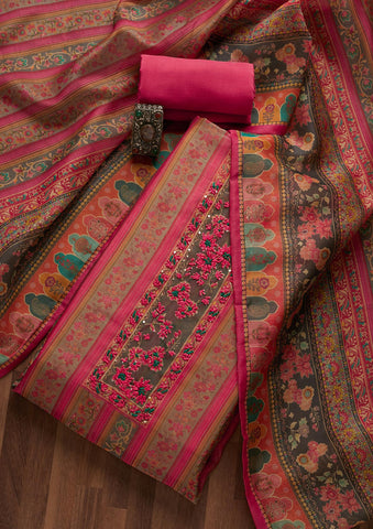 Peach Colour Cotton Kani Printer Unstitched Suit Fabric With Dupatta