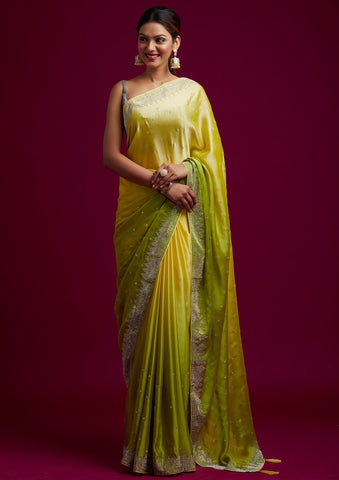 Beutiful Haldi Cermany Full Yellow Saree Combination Sari Wedding