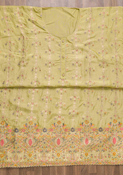 Pista Green Soft Silk Zariwork Unstitched Salwar Suit-Koskii