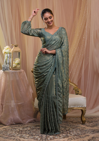 Dark sea green embroidered banglori silk saree with blouse - Rudra Couture  - 1721166