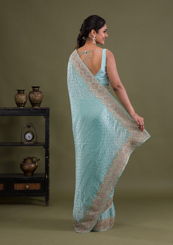 Handloom Zari Border Ice Blue Blended cotton Silk Saree | RazzelDazzel