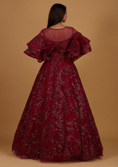 Wine Sequins Net Designer Gown - Koskii