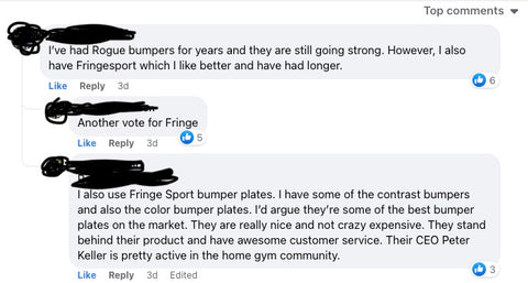 Customer Testimonial for Fringe Sport Bumper plates