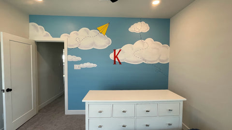 kids room wall art mural clouds paper airplane letter K