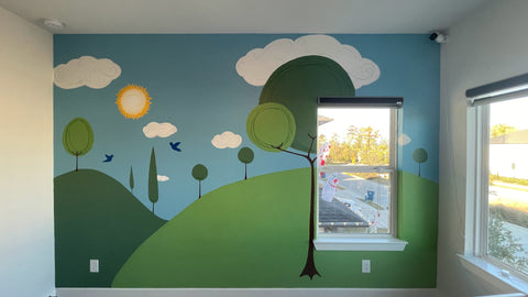 kids wall art mural trees hills clouds birds sunshine
