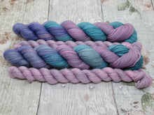 Load image into Gallery viewer, Silver Sparkle 4ply 50g in Autumn Twilight colourway with a matching mini skein