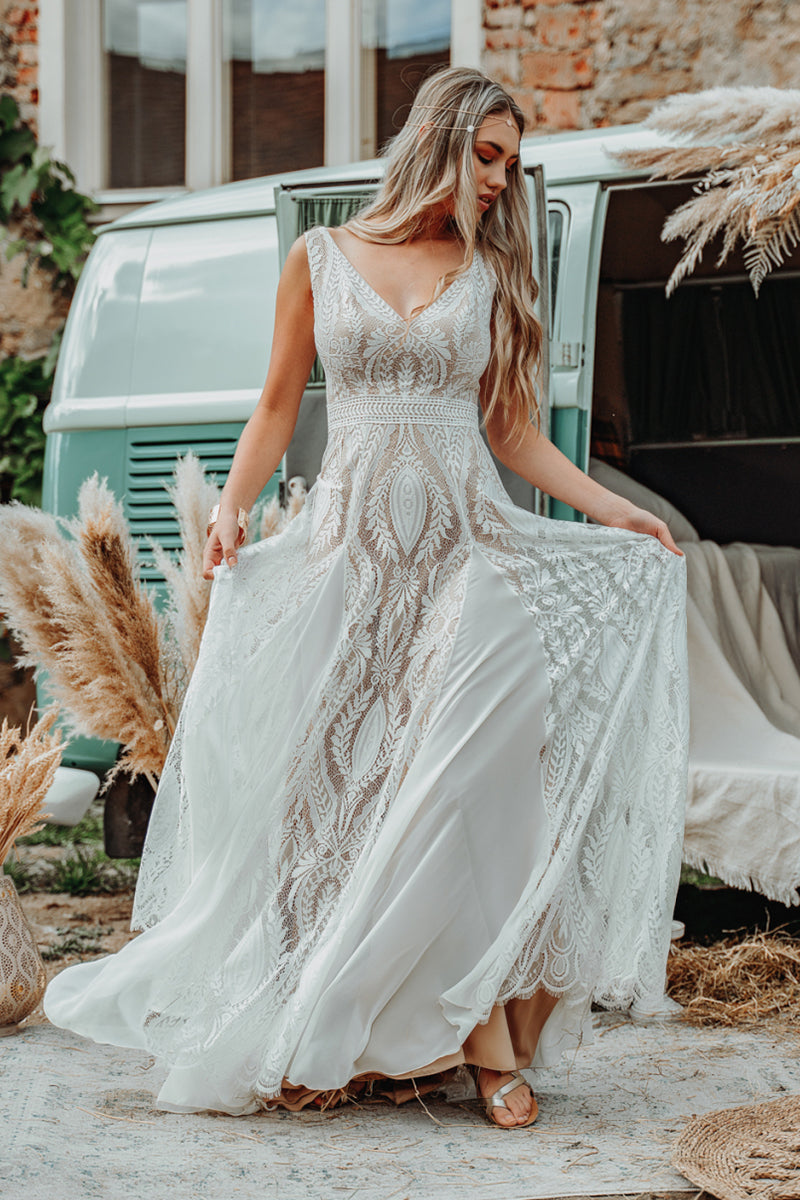 Boho Garden Wedding Bohemian Wedding Dress With Illusion Lace, Long  Sleeves, Empire Waist, Jewel Hollow Back, Zipper, And Ruched Details  Perfect For Reception, Beach, Or Wedding From Lovemydress, $97.51