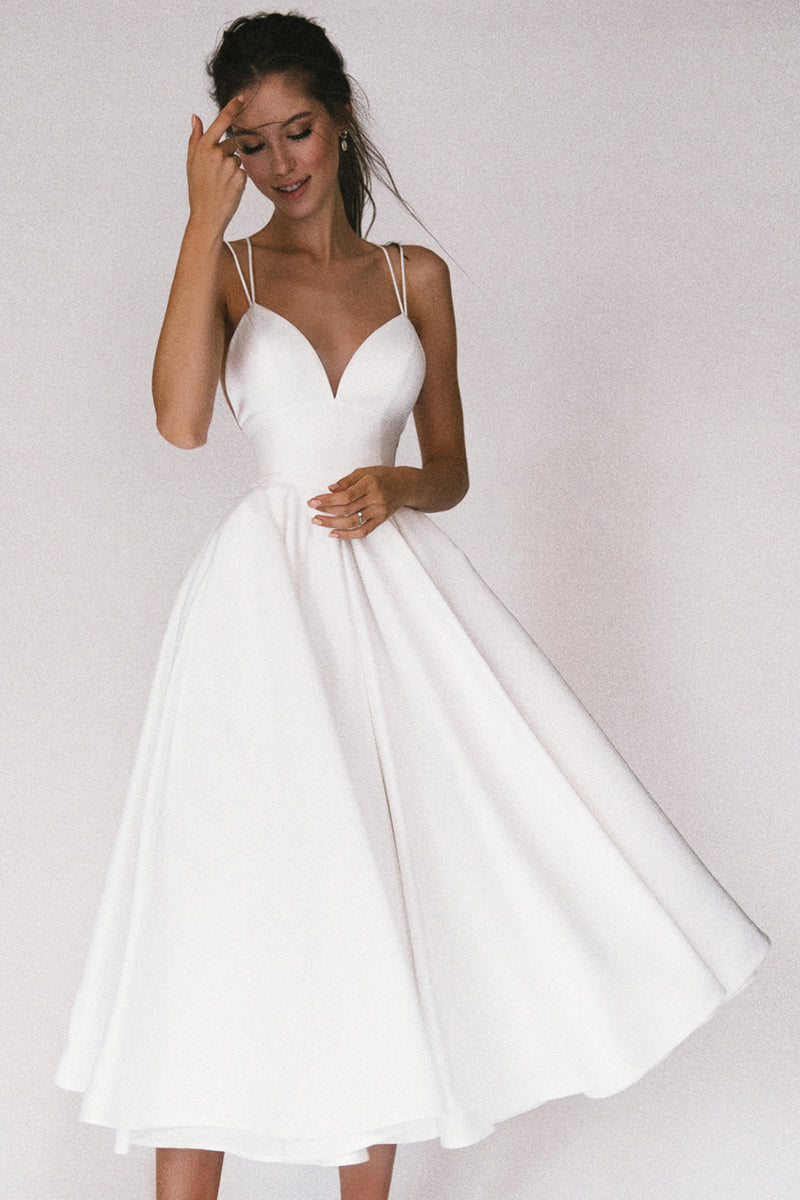 Satin V-Neck Tea Length A-Line Dress SDWG0970 - Liseybridal