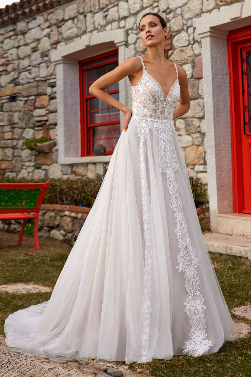 Whitney V-Neck Lace Applique Tulle A-Line Wedding Dress – JewelClues