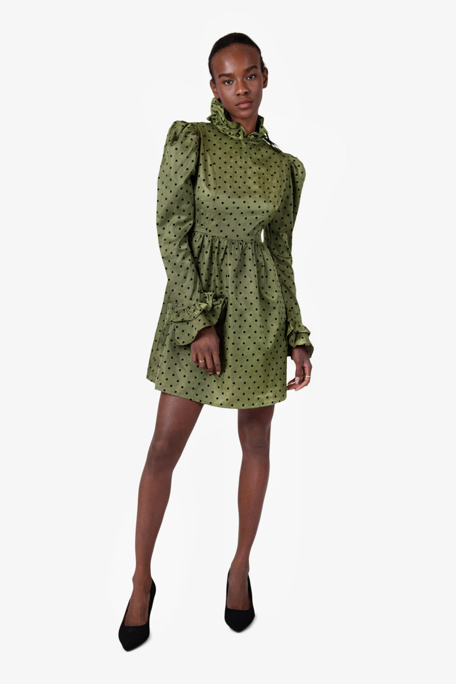 BATSHEVA - Mini Prairie Dress in Olive Green Flocked Polka Dot