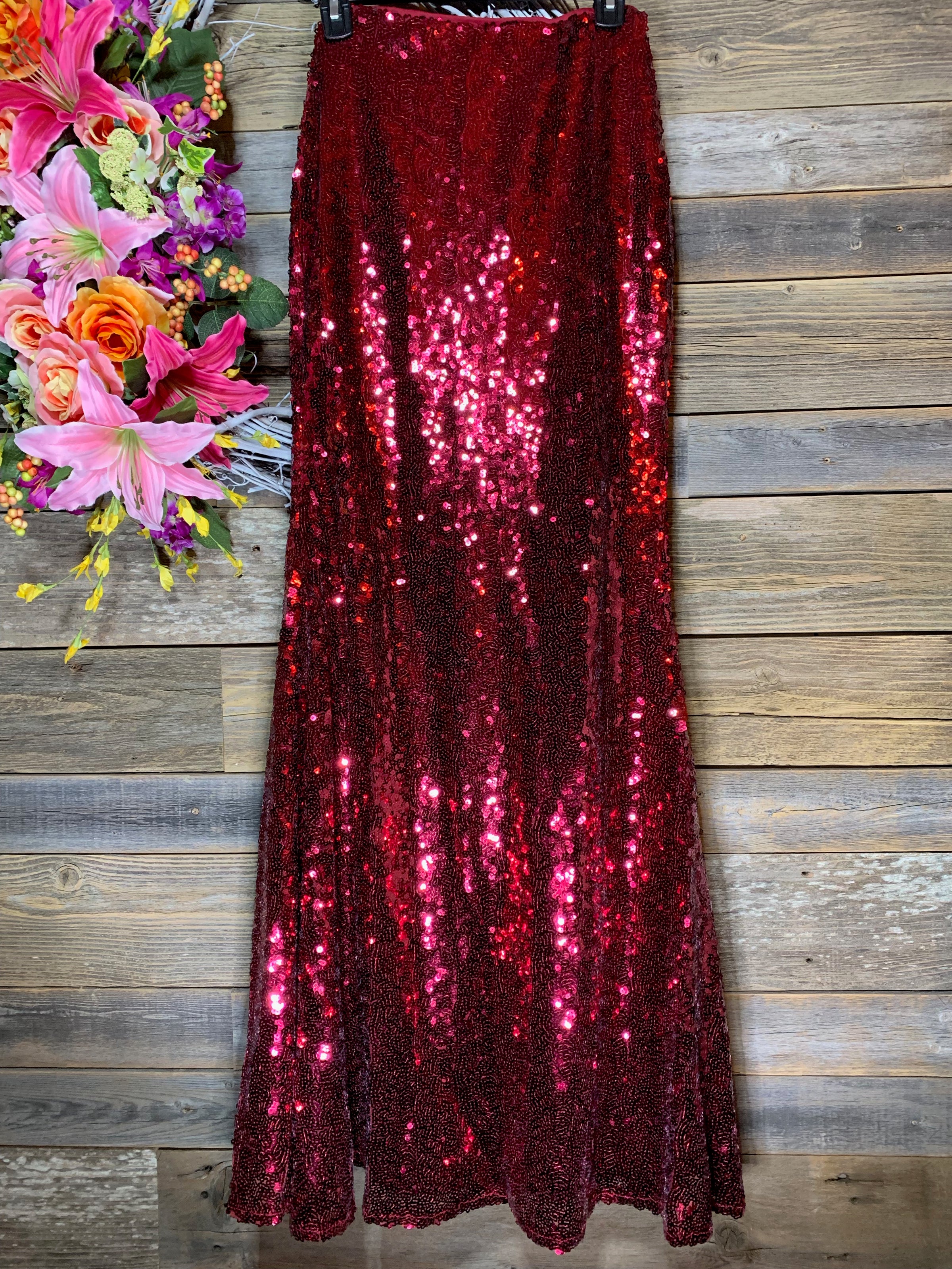 burgundy sequin maxi skirt