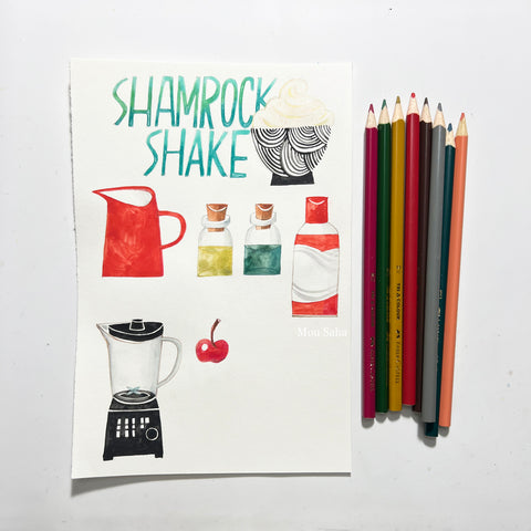 Watercolor shamrock shake illustration with ecopencils