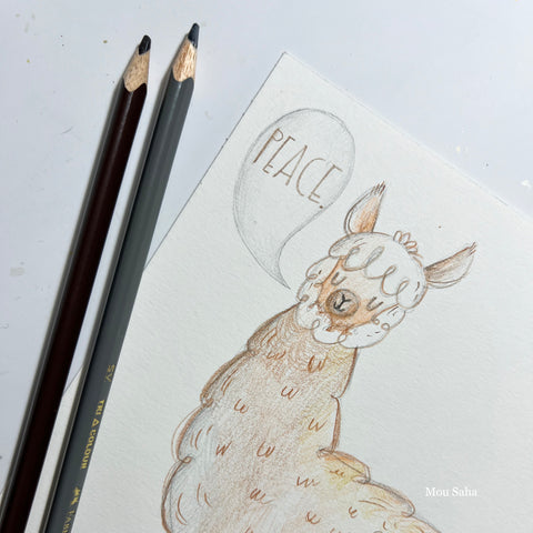 Alpaca drawing saying "peace"