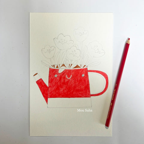 Red watering can with colored pencil