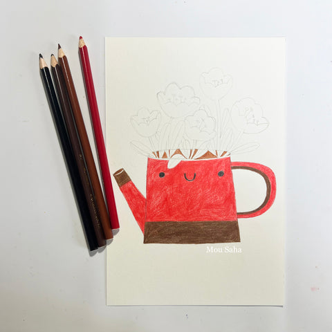 Watering can drawing with colored pencils