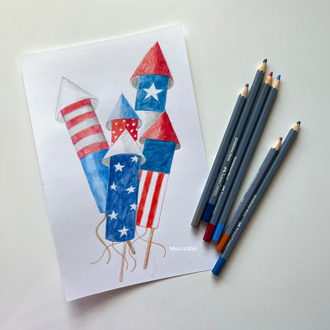 Watercolor fireworks and watercolor pencils