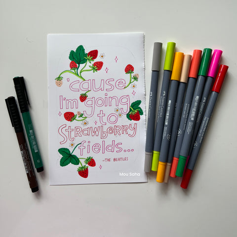 Hand lettering and strawberry art with Goldfaber Aqua Dual Markers and Pitt Artist Pens