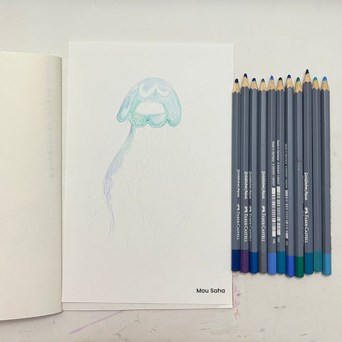 Drawing of jellyfish with watercolor pencils