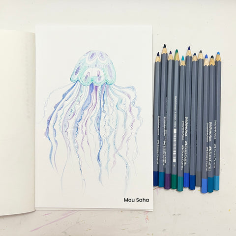 Blue watercolor pencils and jellyfish drawing