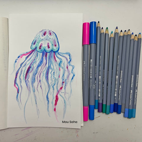 Watercolor jellyfish with watercolor materials