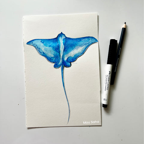 Watercolor stingray with a Pitt Artist Pen