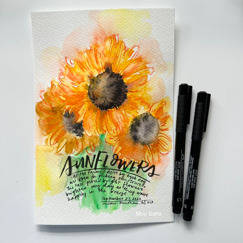 Watercolor sunflowers and Pitt Artist Pens
