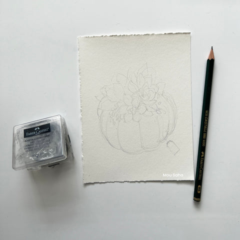 A sketch of a pumpkin with a kneadable art eraser and a graphite pencil