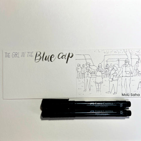 A blue cap sketch with two Pitt Artist Pens