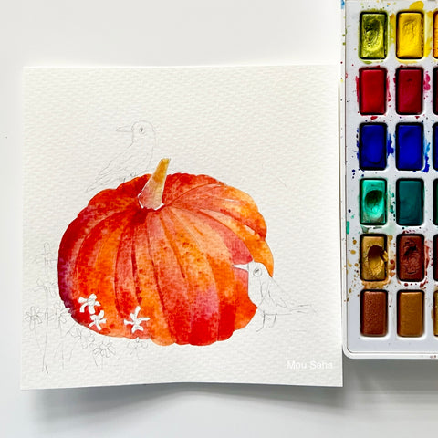 Watercolor pumpkin with a watercolor pan