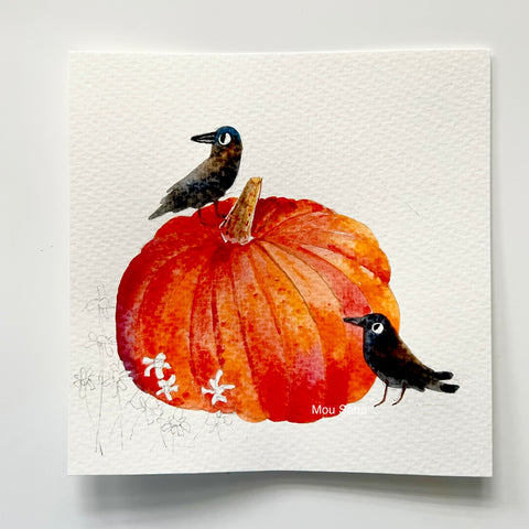 Watercolor pumpkin with birds