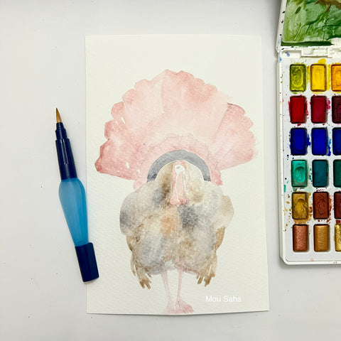 Watercolor turkey and a watercolor pan with water brush