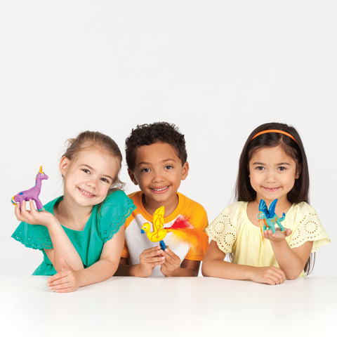 Three kids with Create with Clay Mythical Creatures