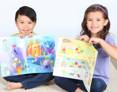 Two children with sensory sticker playsets