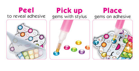 Peel to reveal adhesive, pick up gem with stylus, and place gem on adhesive