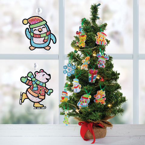 Diamond painted stickers and suncatchers with a Christmas tree