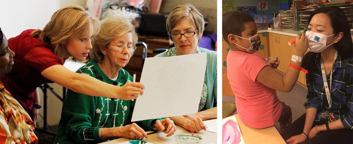 Image One: Woman using art therapy with adults. Image Two: Child and Adult using Art Therapy