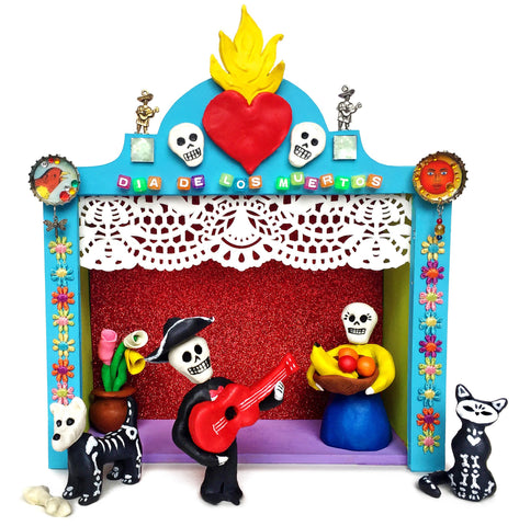Day of the Dead stage and clay figures