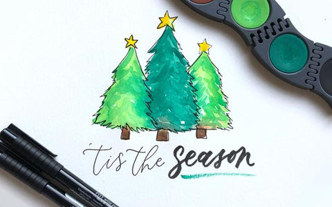 tis the season hand lettering and watercolor trees