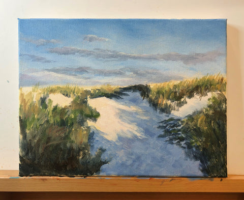 Painting of dunes with river and grass