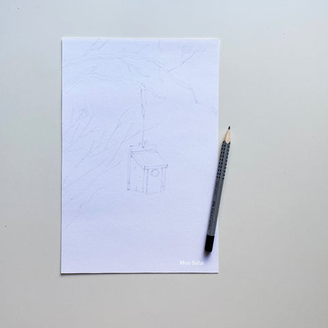 A bird house sketch with graphite pencil
